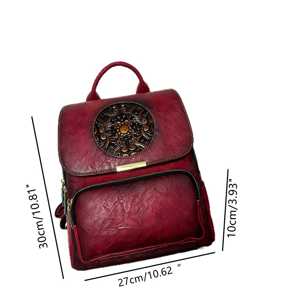 Vintage Embossed Women‘s Backpack Large Capacity Water-Resistant Chinese Style Backpacks Leather Travel Worker Commuter Rucksack