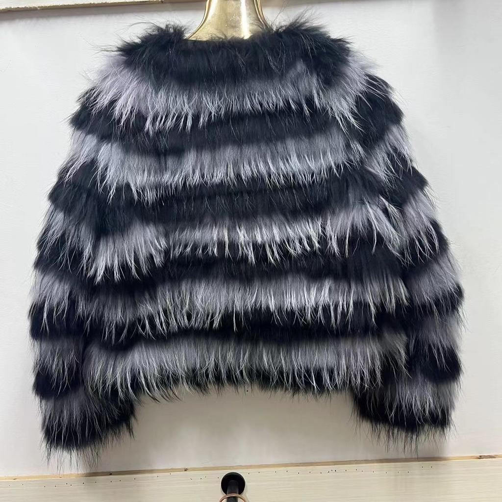 Real Raccoon Fur Women's Coat Young Style Fur Coat Women's Winter Short Slim Contrast Color Top