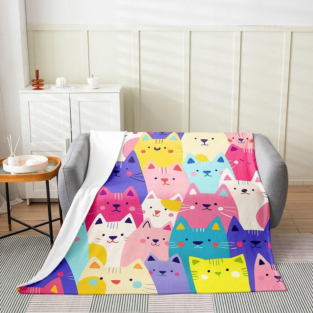 Colorful Cat Pattern Throw Blanket Cute Cartoon Design for Living Room Sofa Decor KidsRoomStyle Gift for Her 150x100