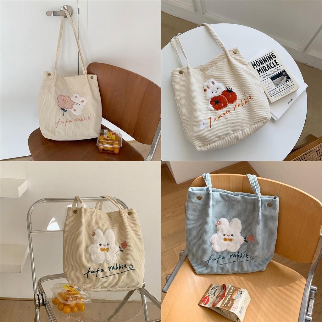 Adorable Floral Embroidered Corduroy Shoulder Bag Sweet Japanese Tote For Students
