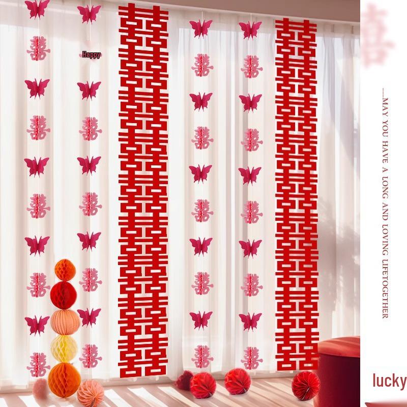Wedding Room Decor Set: Double Happiness Curtains, Bay Window Trim, Bedroom Bows