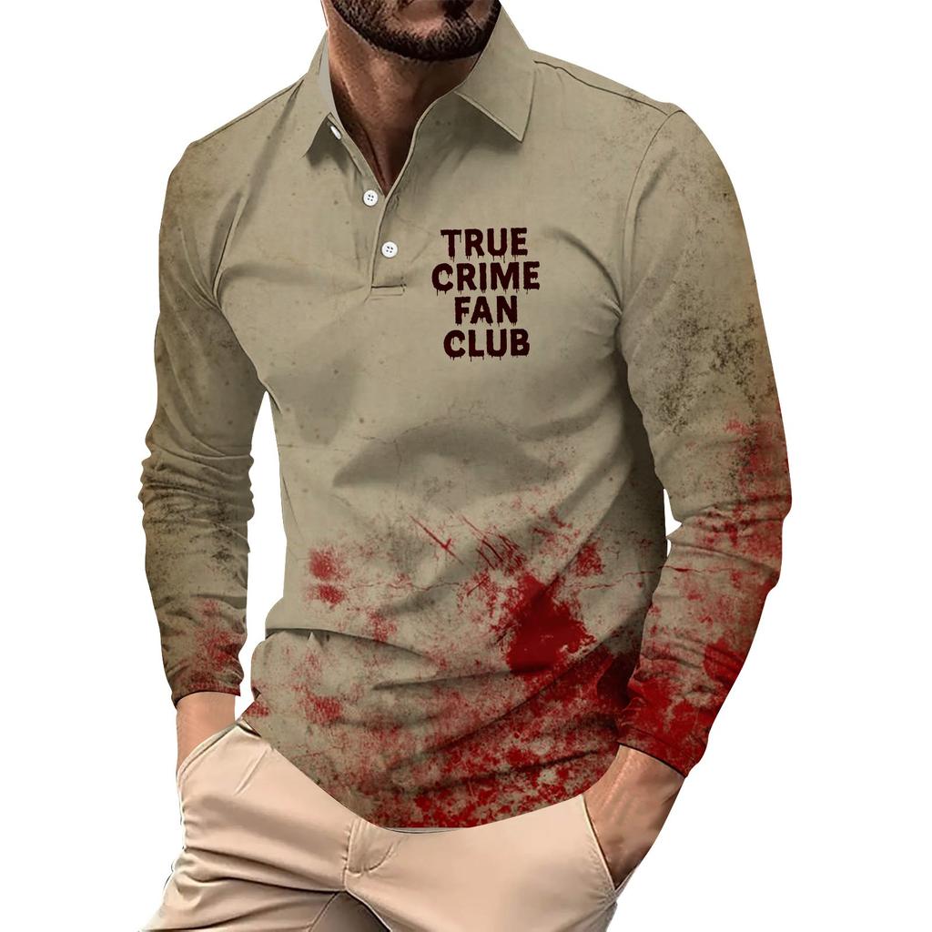 Men's Loose And Casual Halloween Letter-printed Lapel Button-down Long-sleeved Top