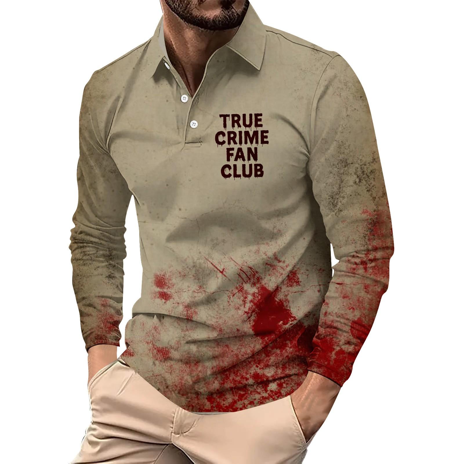 

Мужской свободный и повседневный топ с длинными рукавами на пуговицах с лацканами и принтом букв на Хэллоуин XL винный