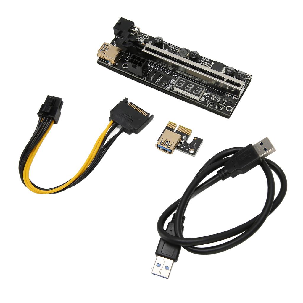 PCIe Riser Adapter Card 1X to 16X Dual 6Pin Temp Sensor USB3.0 Power Cord Mining Riser Card for Graphics Extension