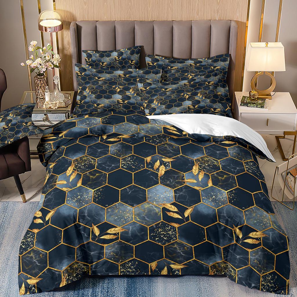 3D Digital Printing Light Luxury Geometric Honeycomb Stone Pattern Bedding Quilt Cover Three-Piece Set