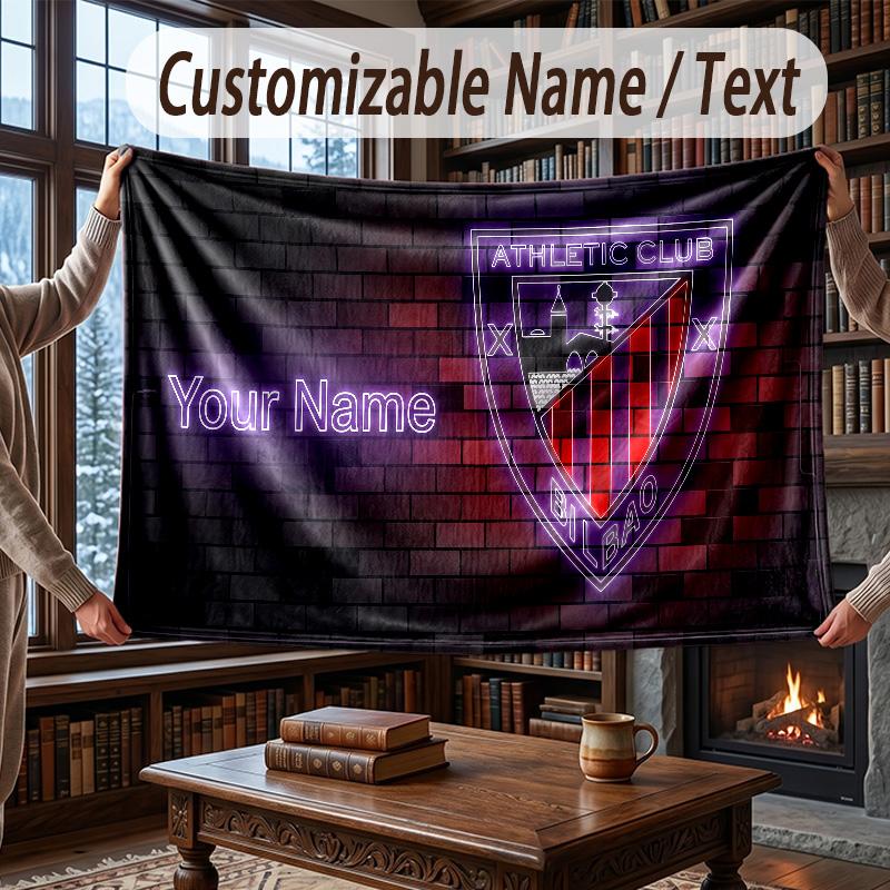 Custom Name Flannel Throw Blanket Athletic Bilbao FC Pattern Warm Home Decoration