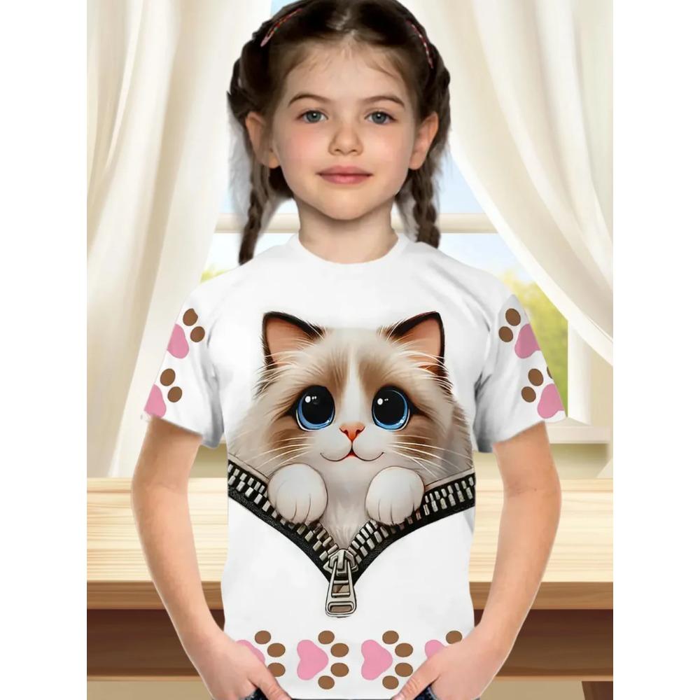 Funny Cat Pattern Children's 3D Digital Printing Fashion Casual Girl Round Neck Short Sleeved T-shirt