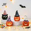 Small Ceramic Halloween Figurine Tealight Holder, Lighted Ghost Pumpkin with Tiered Tray Decorative Light Witch Hat, Tabletop Decor for Party