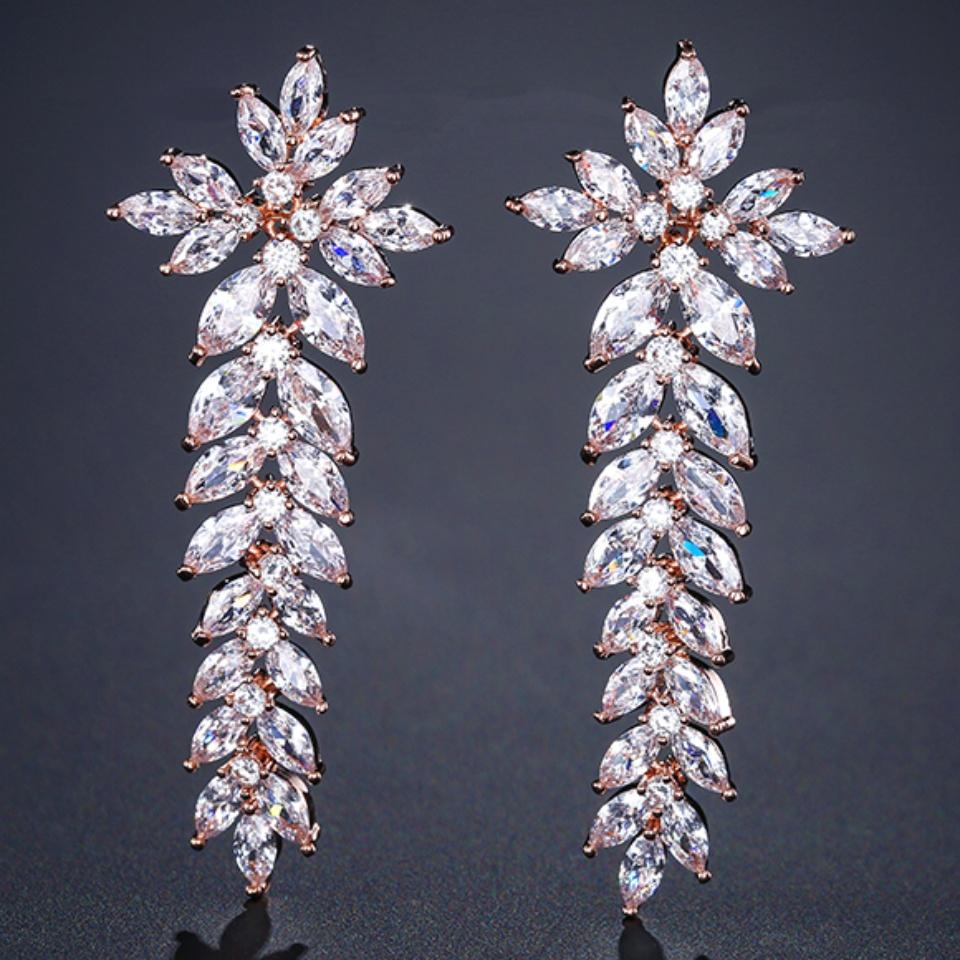 ZAKOL Water Droplet Leaves Copper Micro-set Zircon Women's Dangle Earrings Exquisite Fashion Bridal Wedding Charm Jewelry