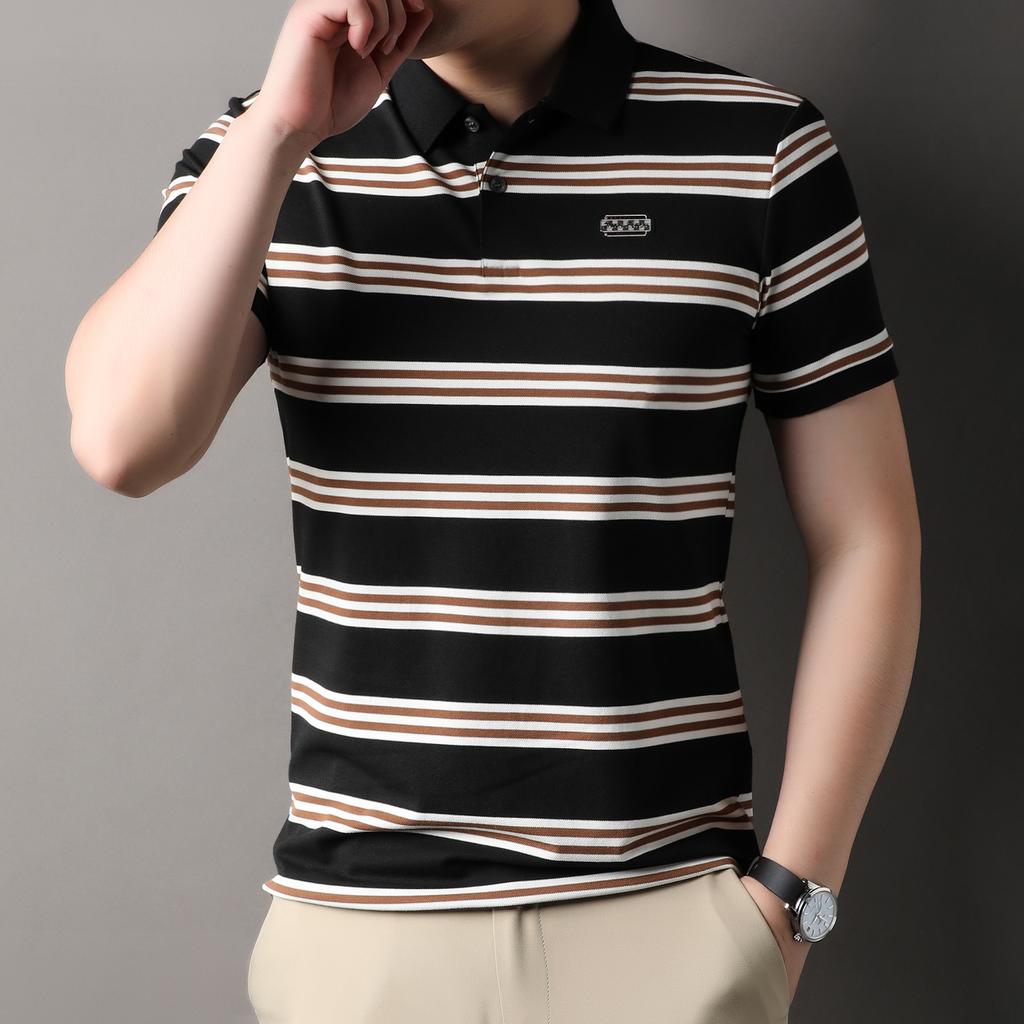 Striped Polo Shirt Men'S Short-Sleeved Lapel Neck Loose Pullover High-End Breathable Non-Ironing Bottoming Shirt