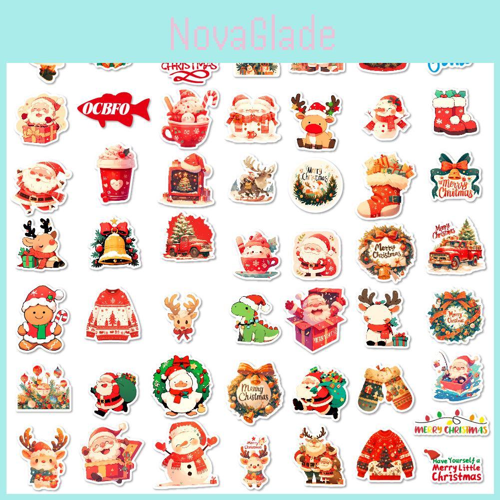 Original 50 Christmas Party Stickers Cute Cartoon Designs Colorful Waterproof Adhesive