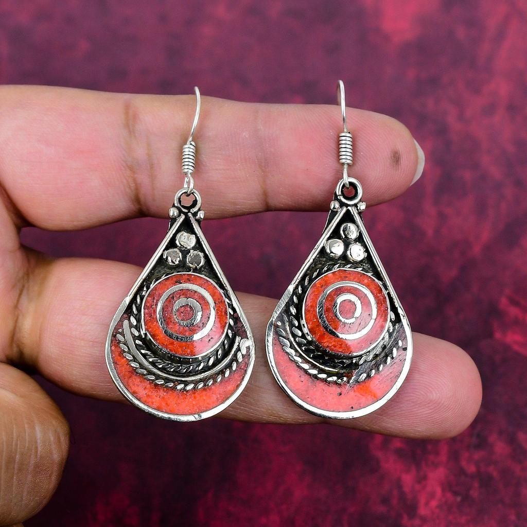 Coral 925 Solid Sterling Silver Nepali Earrings, Handmade Gemstone Earrings Jewelry, Gifts For Wife Brand New Earrings