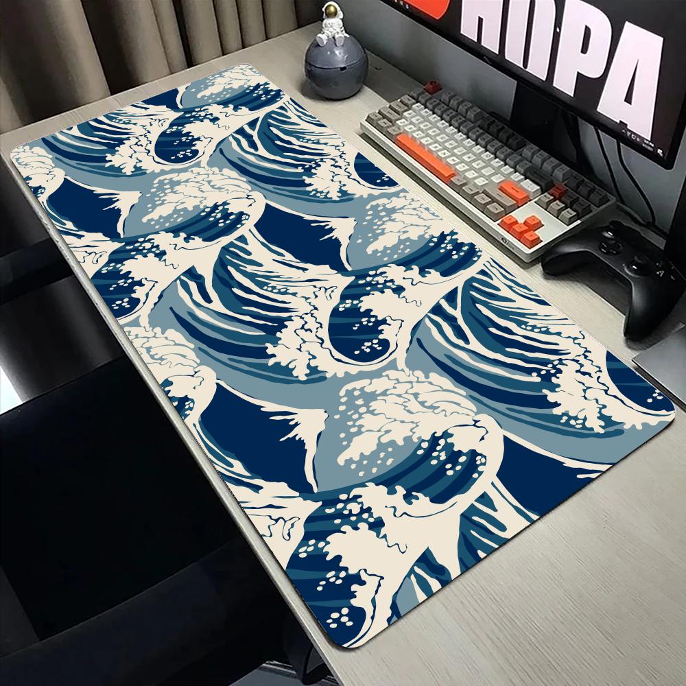 Japanische Blaue Wellen Kunst Mauspads XXL Gaming Gummi-Mauspads Großes Büro Langes Mauspads Gummi-Tischmatte Schreibtisch Zubehör Teppich