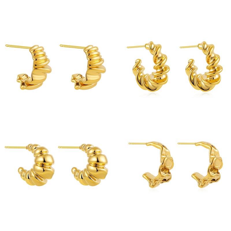 Stainless Steel 18k Gold Threaded Earrings C-Shaped Croissant Folds Irregular Exaggerated Texture Stud Earrings