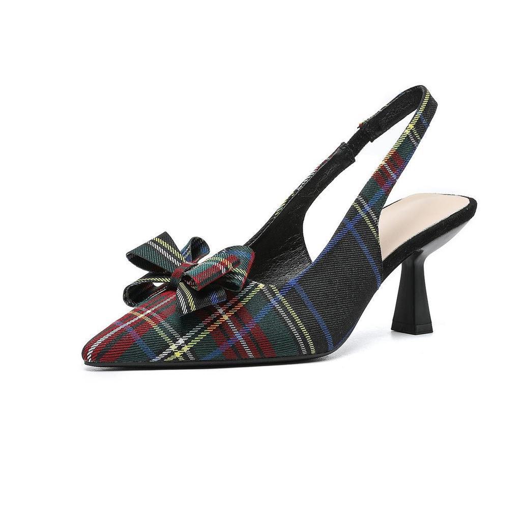 Women's Plaid Slingback Kitten Heels Closed Pointed Toe Bow Tie Slip On Work Pumps Ankle Strap Stiletto Formal Party Wedding Dress Shoes for Women