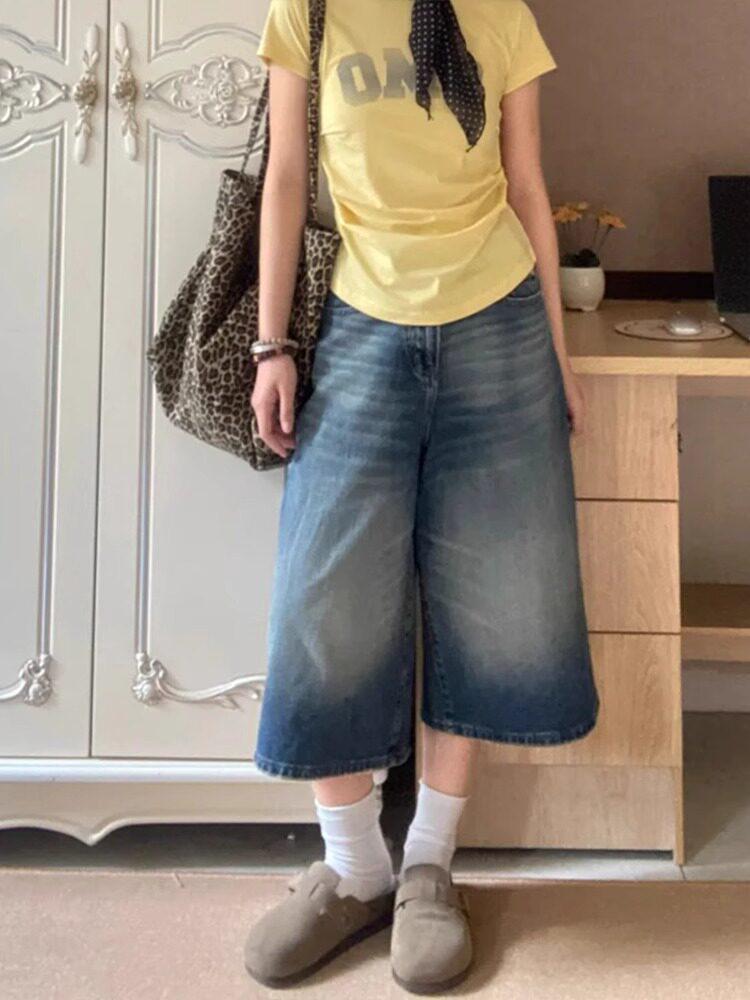 American Women's Plus Size High-Waist Denim Capris - Slimming Mid-Length, Loose Wide Leg for Summer