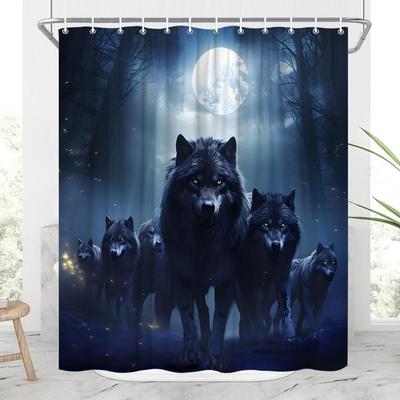 Wolf Shower Curtain Animals Under The Full Moon Howling Wildlife Wolves In The Misty Forest Night Sky Raptor Ferocious Polyester