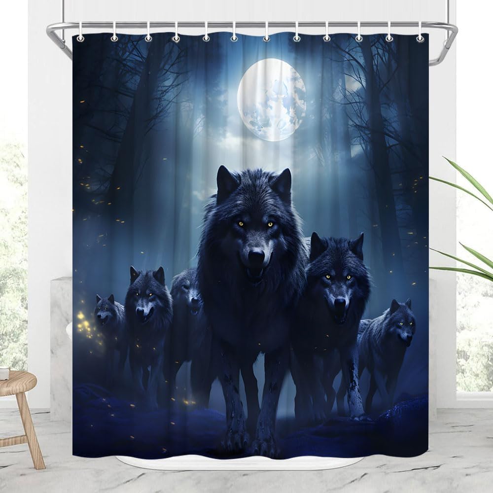 Шторка для душа Волк Животные под полной луной Воющие Дикая природа Волки в туманном лесу Ночное небо Хищная птица Свирепый Полиэстер 90x180CM