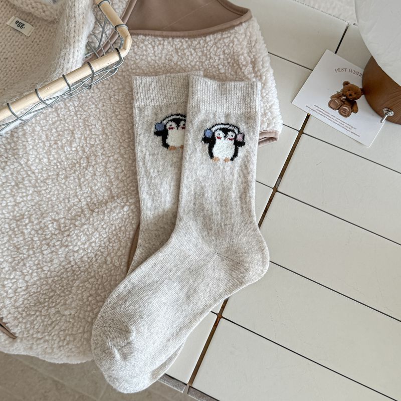 Ladies Autumn Winter Thickened Warm Soft Versatile Cartoon Penguin Wool Tube Stack Socks