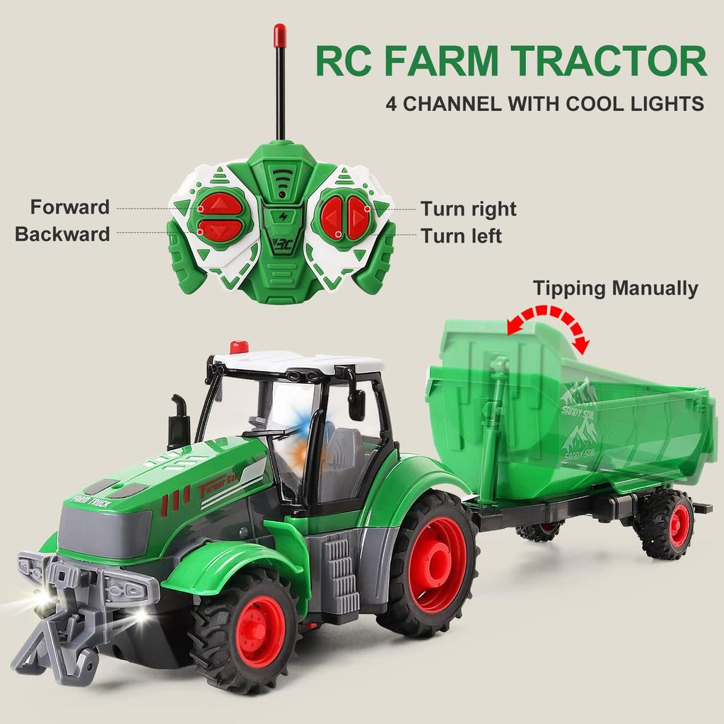 Remote Control Tractor Trailer, Green Agricultural Vehicle Toy, Kids Educational Gift, Farm Truck with Lights, Outdoor Fun.