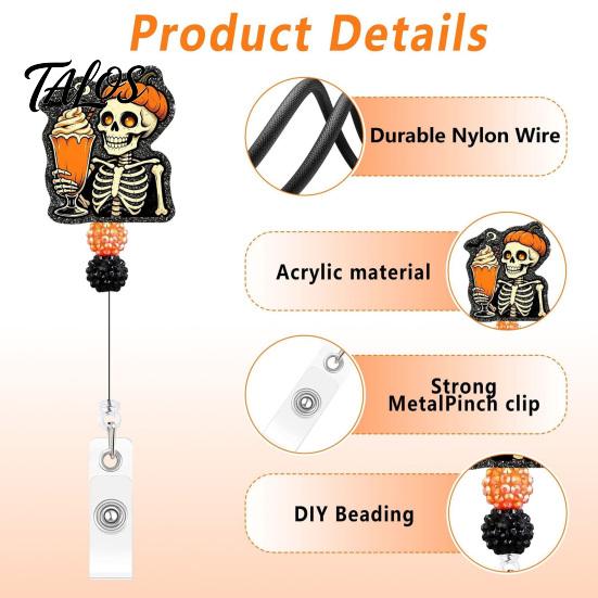 Personalized Badge Holder Halloween Retractable Reel, Skeleton And Pumpkin Design, Acrylic ID Card Office Id with Sturdy Metal Clip for Nurses