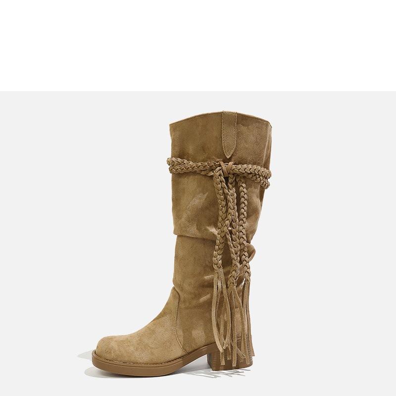 Niche wasteland fringed knight boots women's new thick heel Xinjiang Maillard boots women's tide