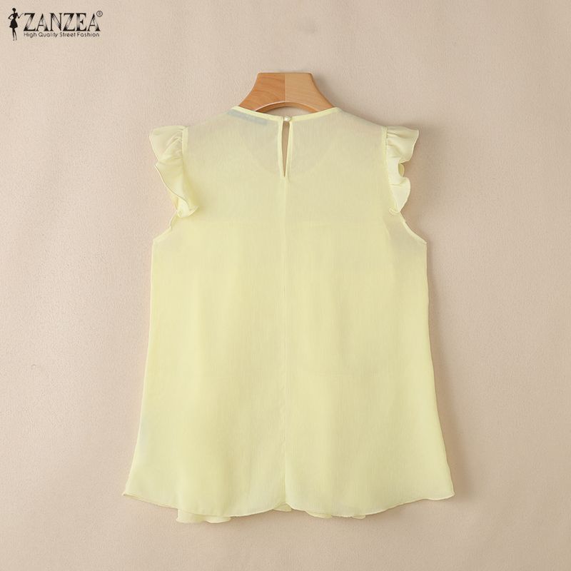ZANZEA Women Casual Round Neck Loose Sleeveless Ruffles Blouse
