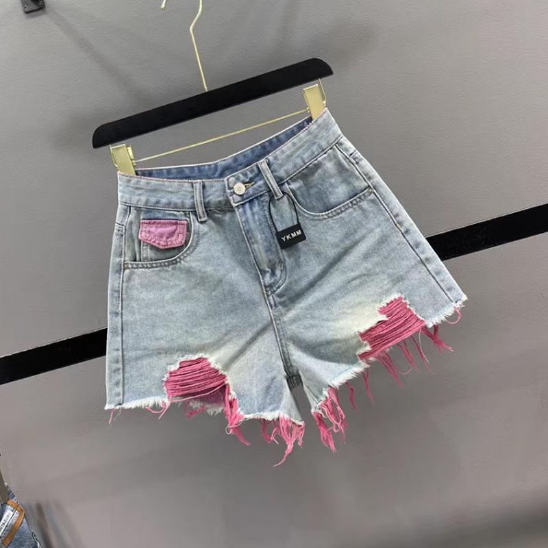 Women's Summer Korean Vintage Contrast Color Tassel Ripped Jeans Shorts Female High Waist Streetwear Y2K Sexy Short Denim Pants