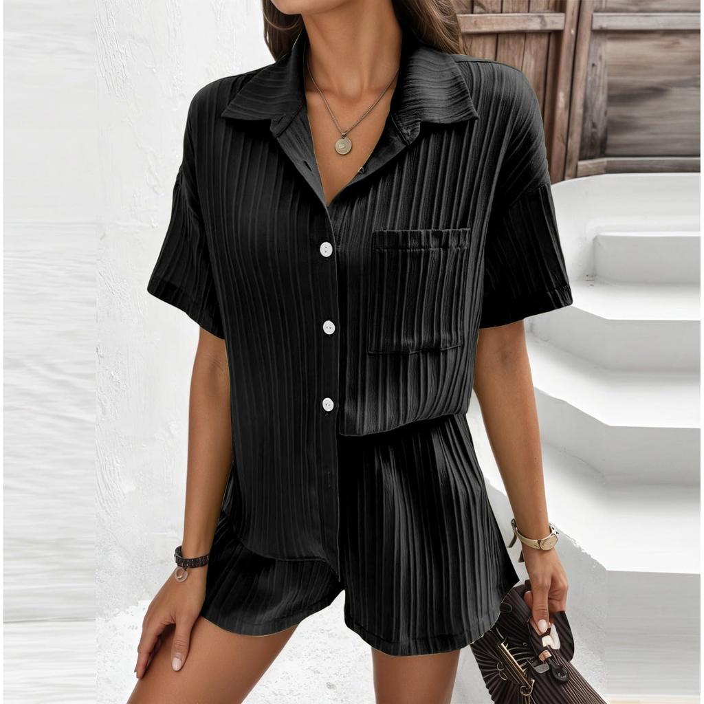 2 Piece Sets For Women T-shirt Shorts Outfits Fashion Sexy Summer Short Sleeve Pleated Midriff Suit