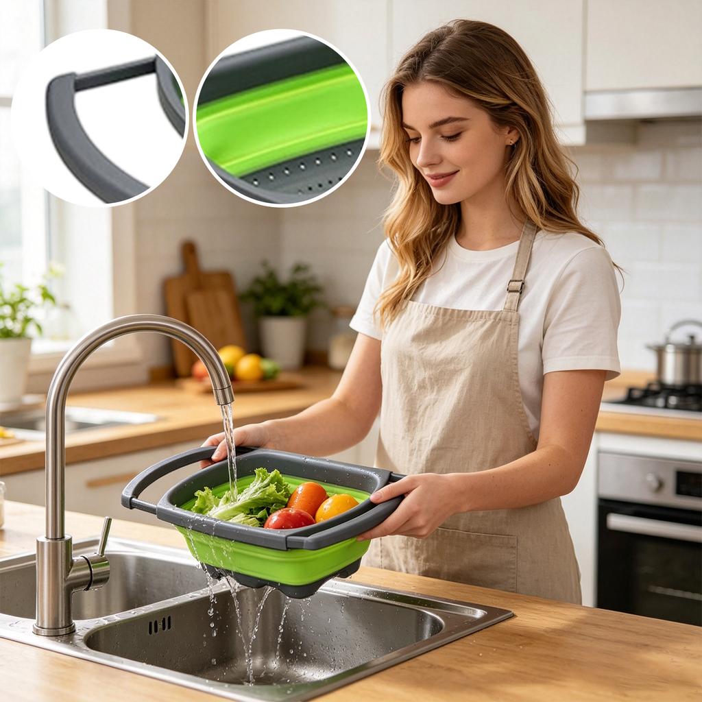 Collapsible Over the Sink Strainer Basket with Extendable Handles for Kitchen Fruit Vegetable Draining Washing Storage