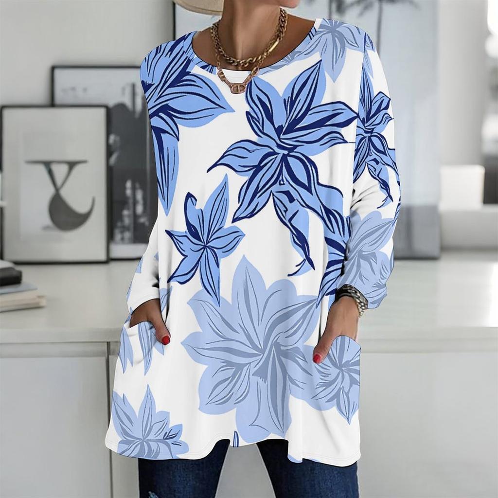 Ladies Plus Size Crew Neck Long Sleeve Tunic Soft Oversized Tops For Household And Casual Outdoor Wear