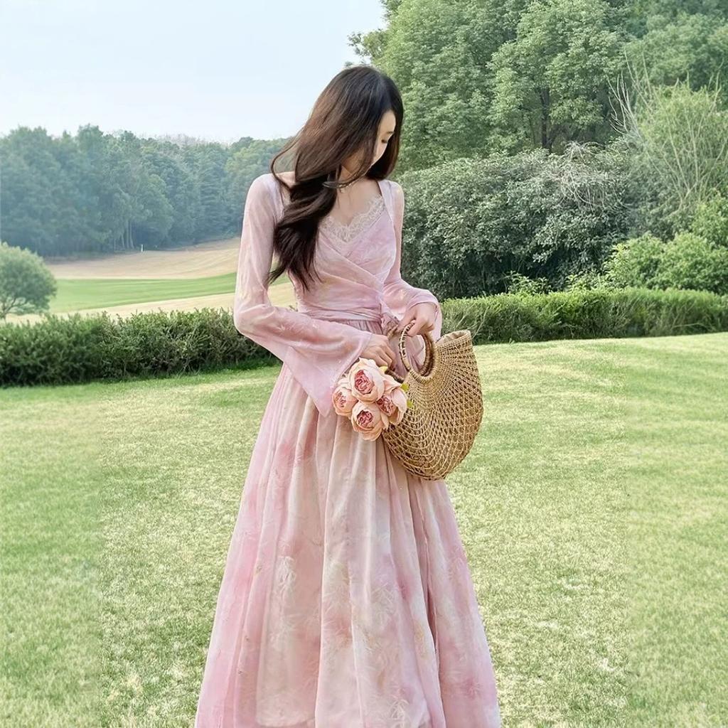 Peach pollen tea break dress lace dress French floral vacation pink long dress tulle slim fit vacation style