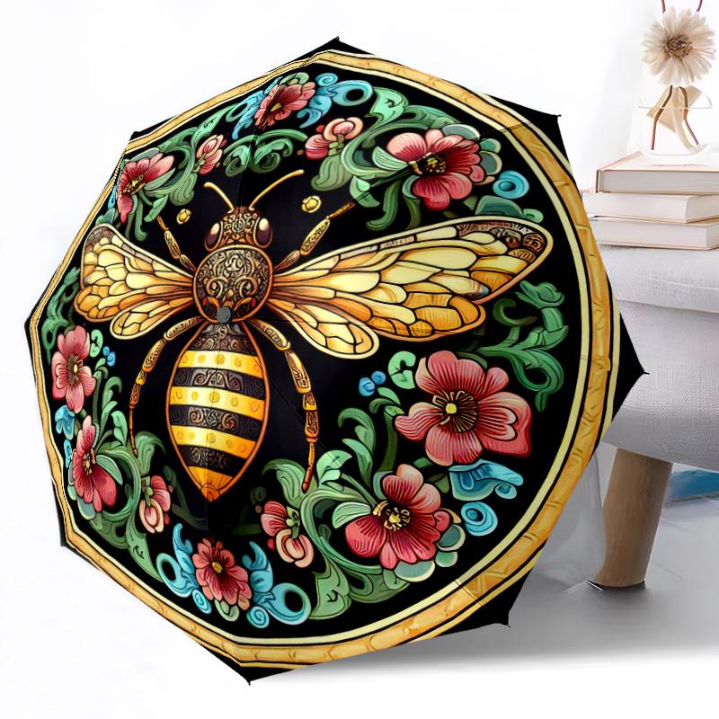 Bee and Floral Mandala Outdoor Automatic Umbrella Retractable Design with 8-Rib Durability Lightweight Perfect Gift for Friends Family