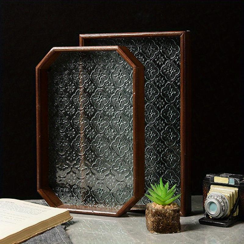 Black/White Square or Octagon 1pc Vintage Wood Crabapple Embossed Glass Desktop Tea tray,Walnut Snack Fruit Household Storage Tray.