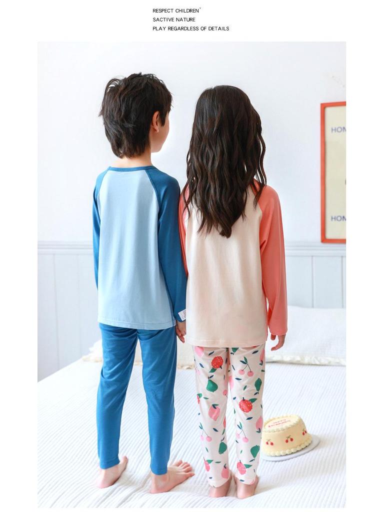 Wiosenno-letni bawełniany zestaw piżamy dla dziewczynek klasy A: Uroczy, Domowy Strój z Okrągłym Dekoltem dla Średniego Dziecka - Jesienne Spodnie w Zestawie