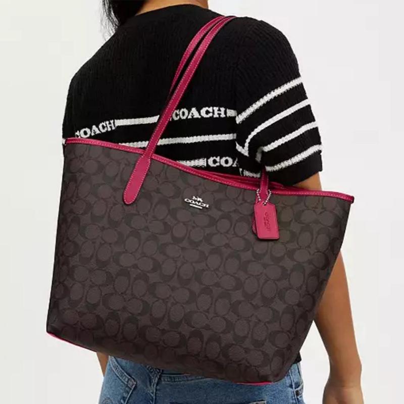 Coach City 33 Bolso Tote Clásico Monograma Cierre a Presión Lona Recubierta Bolsos Tote para Mujer Rojo Marrón CV976-IMXD0