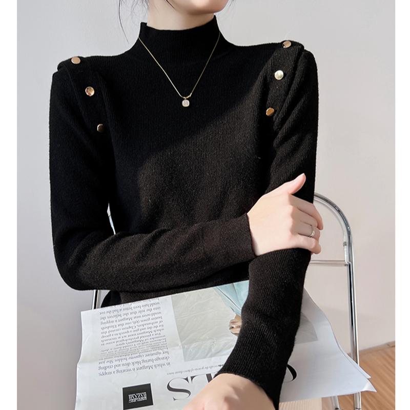 Pull Tricoté Élégant Mode Col Mi-Haut Uni Femmes Automne Décontracté Coupe Slim Manches Longues Pulls Femmes Tops Hiver Chaud Maille de Base 24880