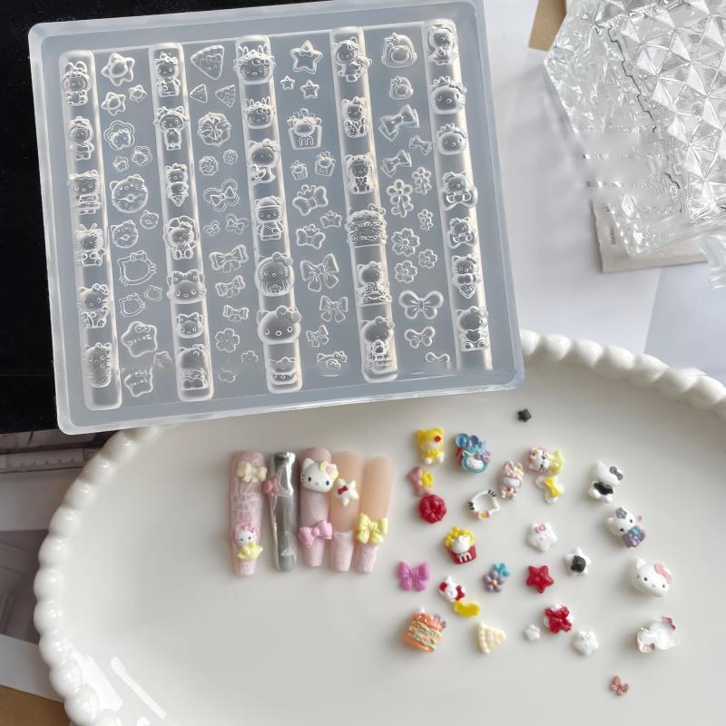 3D Transparent Silicone Nail Mold Kawaii Cartoon Hello Kitty Pochacco Bow Nails Templates For Diy Nail Art Decor Nail Charms