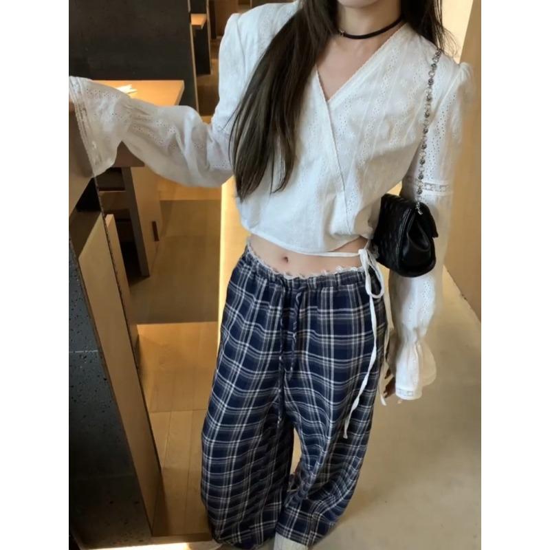 Loose retro plaid pants lace casual pants women's spring and summer loose wide-leg trousers mopping the floor and walking bay pants
