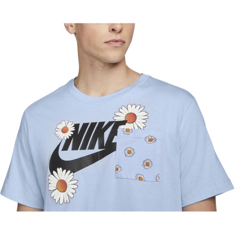 Nike Letter Floral Print Crew Neck Pullover Straight Cut Short Sleeve T-Shirt Men Tops Blue DM6429-548