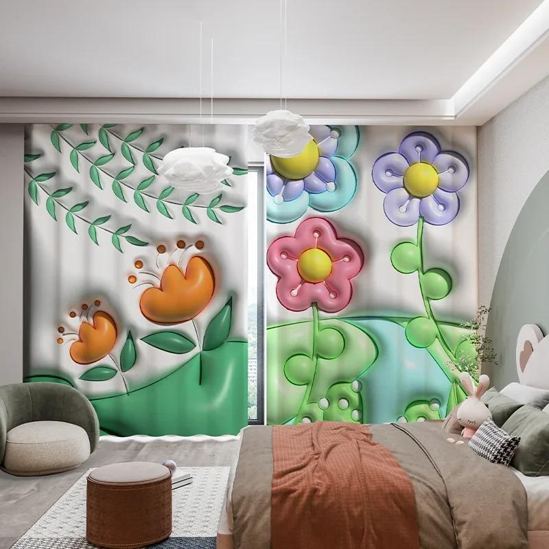 Cartoon Rabbit Clouds High Shading Curtain Fresh Ins 3D Children's Room Bedroom Bay Window Opening Living Room Blackout Curtains featuring Hook4