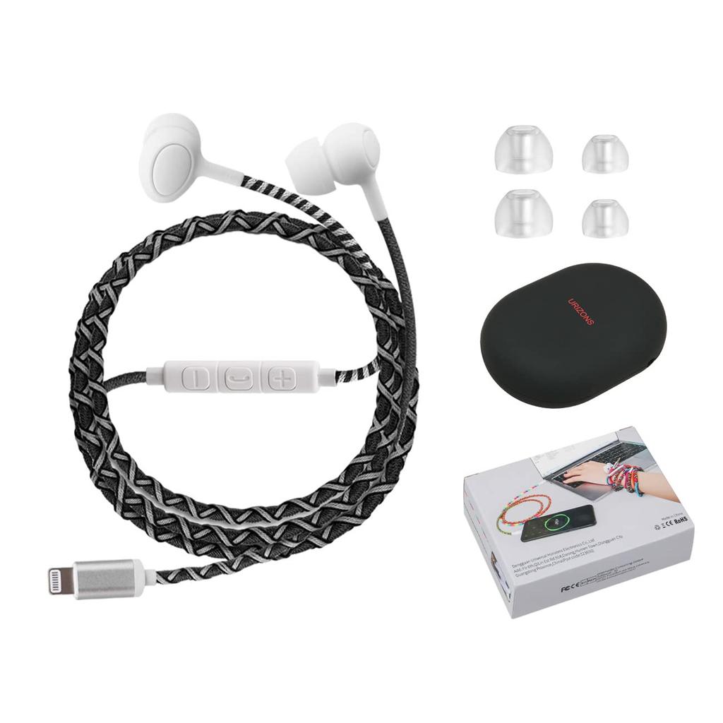 URIZONS Nylon Braided Wired Lighting Earbuds with Microphone Noise Compatible with iPhone Earphones, Tangle-Free, Controller, Blocking,