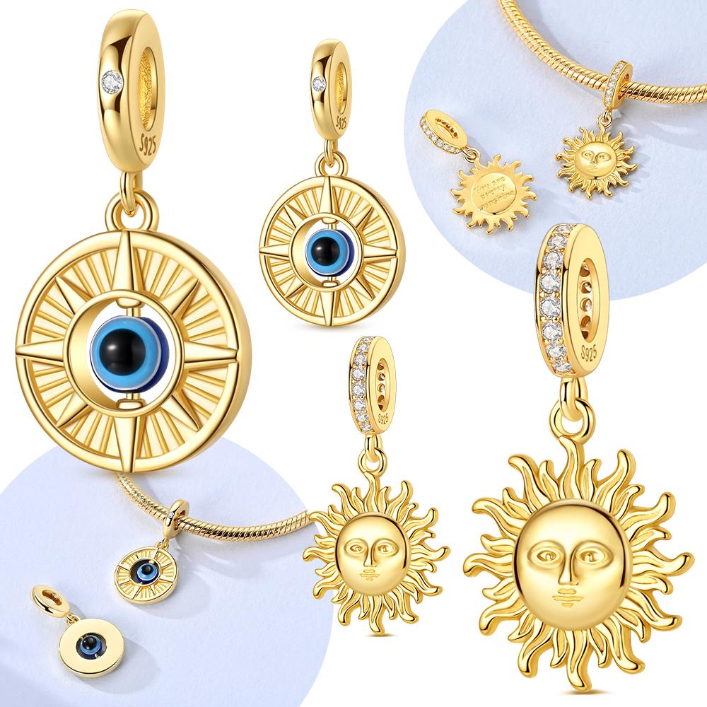 Authentic Original Copper Metal Blue Sun Eye Pendant Bead Component Gold Sun Face Charm Bead Components Bead Components Compatible With Bracelet High