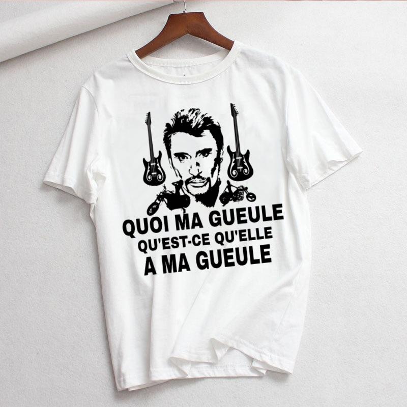 Johnny Hallyday Print T Shirt Women White and Black Shirts Fashion Round Neck Short Sleeve Cotton TShirt