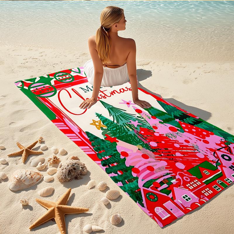 1Pc Christmas Village Scene Beach Towel Quick Dry Multiuse For Beach Pool Gym Yoga Home Travel Christmas Halloween Xmas Gift S183