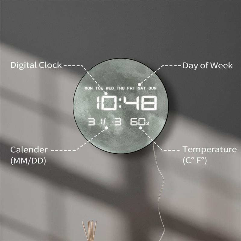 A74E-Large Display LED Digital Wall Clock Moon Planet Lunar Design Home Decor For Living Room Temperature Date Day Function