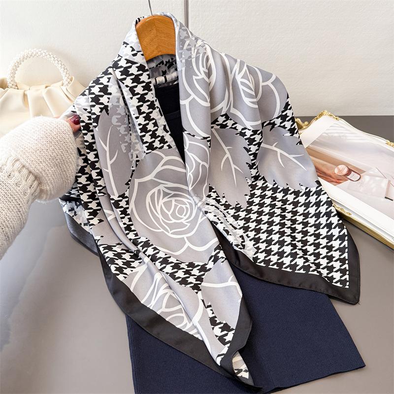 Fashion Square Silk Scarf Women Luxury Satin Print Hijab Scarves Pareo Bandana Female Shawl Wrap Headband Foulard 90*90Cm