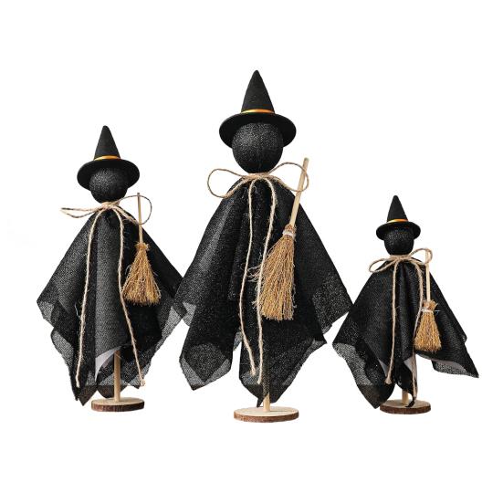 3Pcs/Set Black Witch Decorations Standing Witch with Hat Broomstick Desk Decor Rustic Halloween Centerpieces for Home Farmhouse Mantel Dining Table
