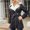 BITCED Autumn/Winter Long-Sleeved Fleece-Lined Leather Jacket for Women with Lapel Collar, Double-Ended Zip and Belted Waist for Warmth