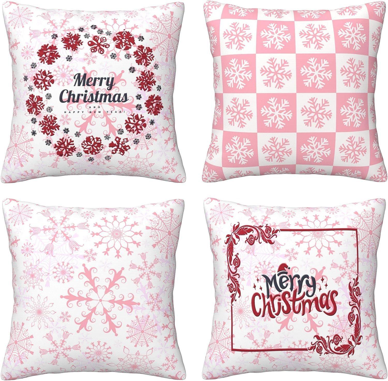 

4pcs Pink Christmas Cushion Cover Santa Claus Deer Candy Durable Cover 2025 New for Home Ornament Xmas New Year Decoration 45x45cm